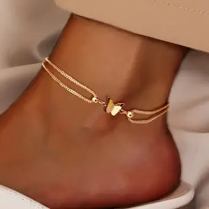 Virelyn B Hypoallergenic Stainless Steel - Women's Fashion Ankle Chain - Single Pack with Double Layer Butterfly Decoration - Classic Stylish Design in Golden and Silvery - Suitable for Daily Shopping or Parties