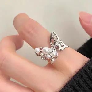 2026 New Sweet Butterfly Pearl Ring, elegant minimalist design with delicate details. Adjustable open band, lightweight and stackable. Trendy Ins style fashion jewelry, perfect daily accessory for women.