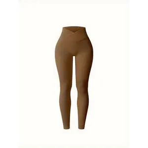 【shipping from US 】 V Cross High Waist Gym Casual Yoga Pants, Ribbed Seamless Workout Exercise Workout Running Bottom Pants