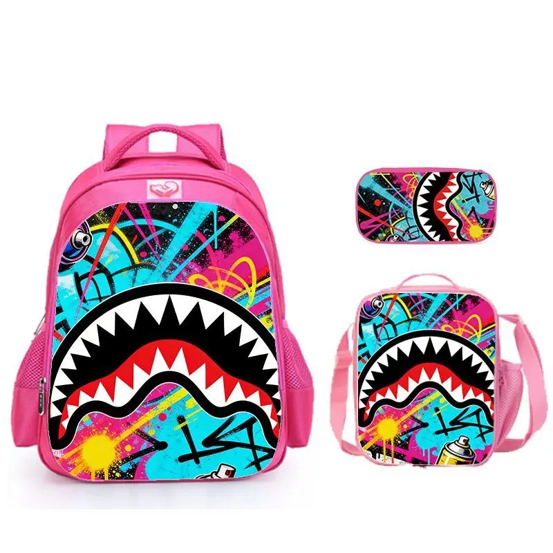 Graffiti Shark Mouth 3 In 1 Backpack Set Laptop Backpack Lunch Bag Pencil Case Combo