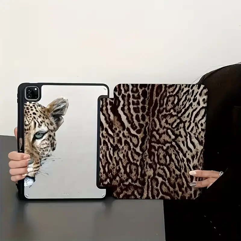 KuSa Geometry Cheetah Tablet Protective Case, Acrylic Backboard+Triple Fold Bracket+Intelligent Sleep Wake Suitable for iPad 10th Generation, iPad Pro 11 inches, iPad Air 5/6 Generation, iPad 9/8/7 Generation