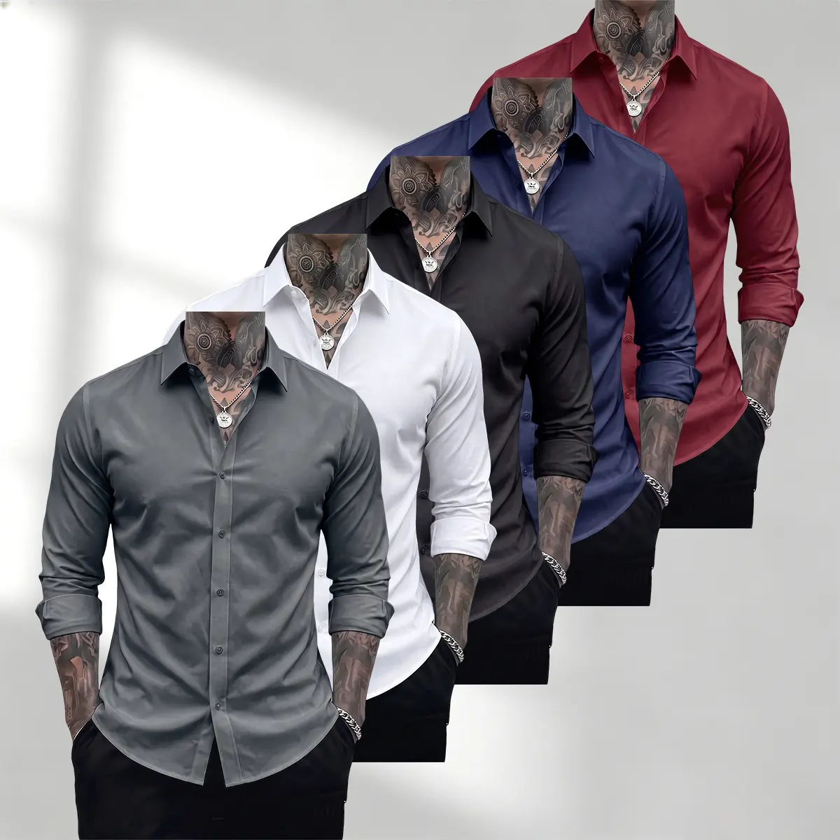 JOGWAVE Menswear 5PCS Men’s Plain Long Sleeve/Short Sleeve Button-Front Shirt Set, Breathable 4-Way Stretch Top for Weddings, Business Casual Apparel