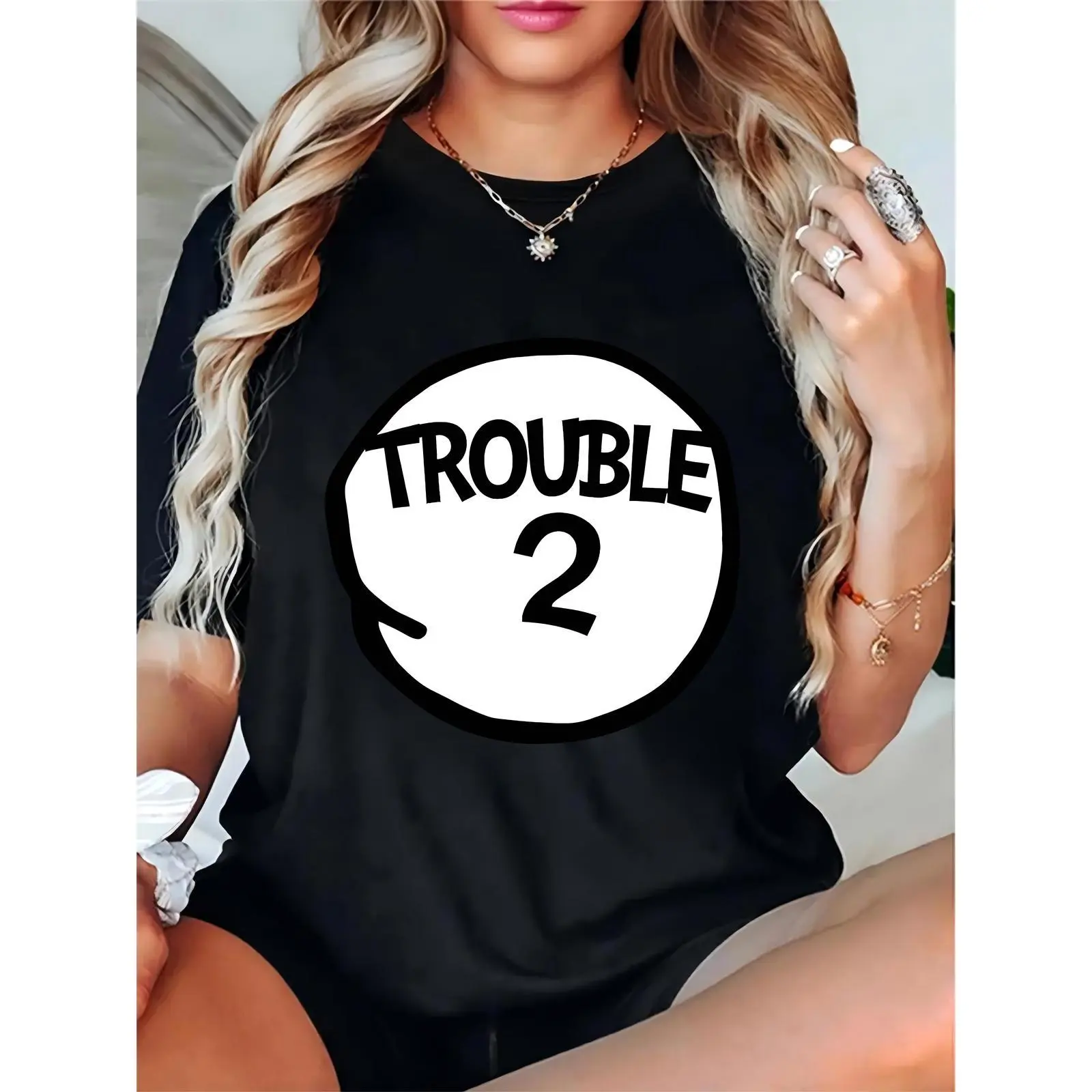 Women's Black Crew Neck T - Shirt with "TROUBLE 2" Graphic Print - Casual Daily Wear, Playful Outfit for Ladies