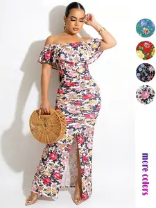 Women's Elastic Summer Floral Dress, Off-Shoulder Ruched Bodycon Split Dress, Elegant Lace Sleeve Cocktail Wedding Guest Resort Dress