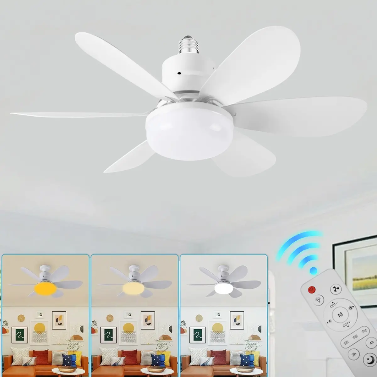 Socket Fan Light with Remote control,E27 General Screw Type Socket ,Ceiling Fans with RGB Lights ,Three Lighting Modes for Bedroom, Kitchen, Living Room and Baby Room - Flush Mount Ceiling Fan Light with LED  Dimmable,Father's Day Gift