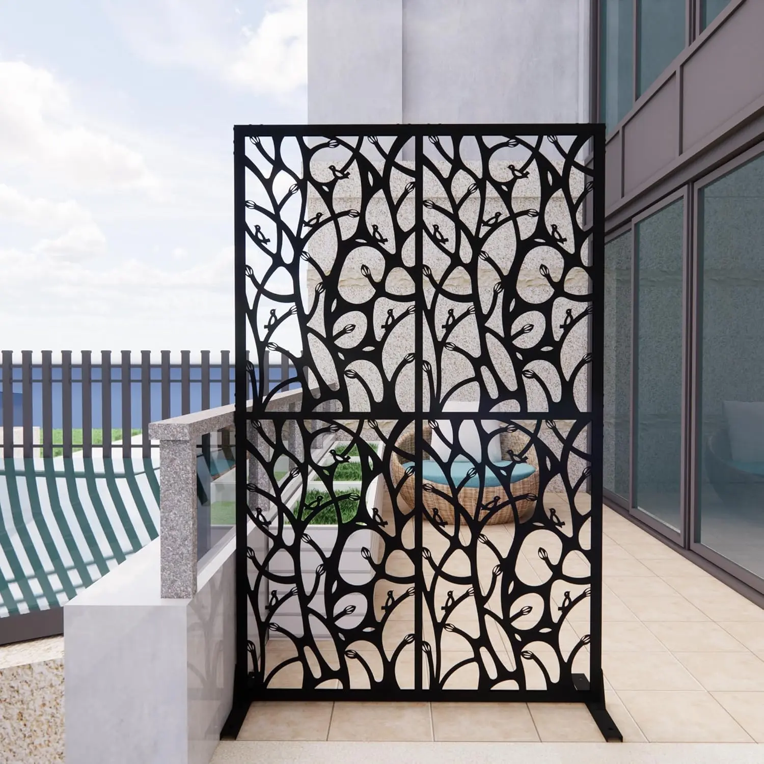 Industrial-Style Black Decorative Bird Pattern Metal Privacy Screen - 45.3" W x 72" H (100 cm and above), Foldable Iron Free-Standing Room Divider for Office, Balcony (Wrench Included)