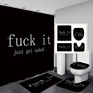 Creative 'fuck It' Letter Pattern Shower Curtain Set, Includes Bath Mat, Toilet Lid Cover, Elegant Bathroom Decor, 12 Hooks Included, Bathroom Decoration Accessories