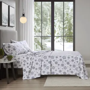 360 Stand Queen Size Micro Fleece Sheet Set - Anti-Pilling Polyester Fleece, Grey Snowflake, 90x102x0.13 in, Fits Queen Size Mattress (True North by Sleep TN20-0534)