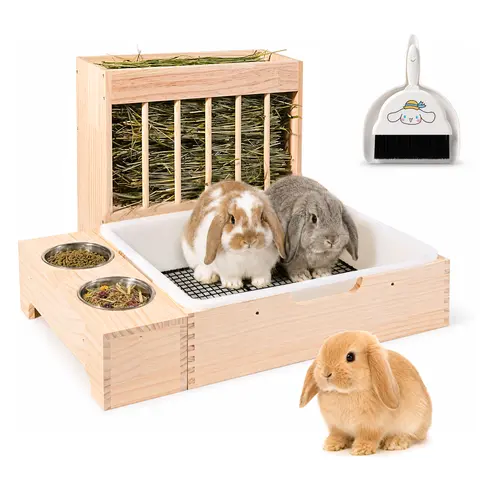 MOBYKE Natural Wood 3-in-1 Rabbit Hay Feeder for Medium to Large Rabbits, Detachable Grate, Stainless Steel Component, Litter Box & Toilet, 1 lb Capacity, Waste Control & Food Storage Supply to Reduce Mess