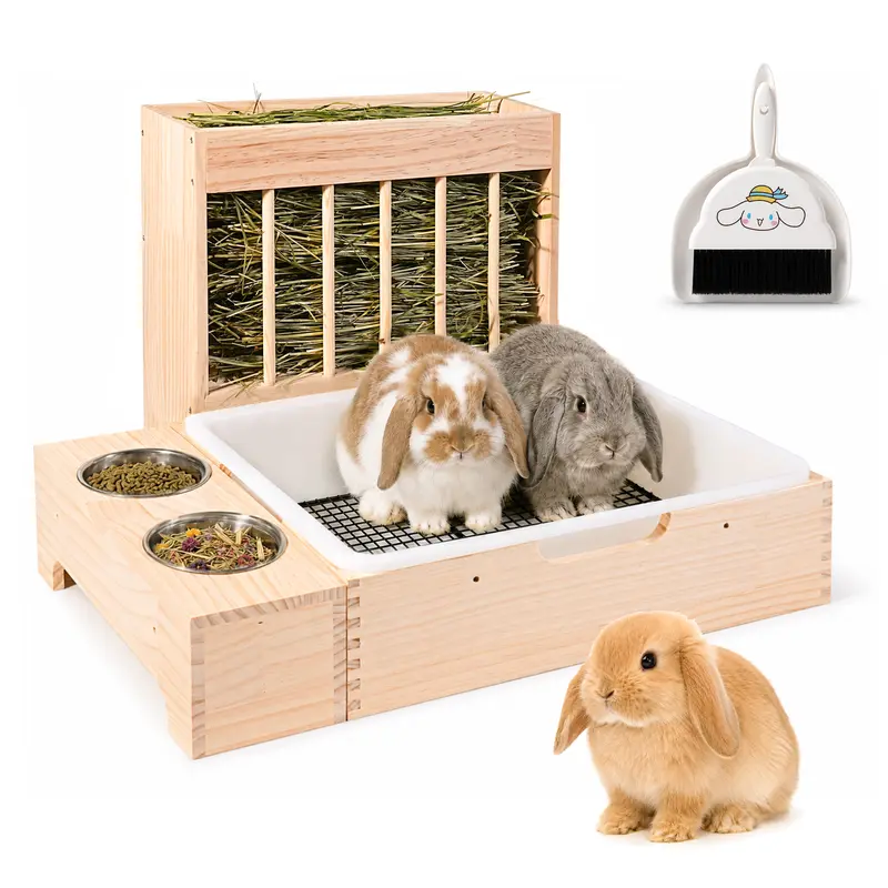 MOBYKE Natural Wood 3-in-1 Rabbit Hay Feeder for Medium to Large Rabbits, Detachable Grate, Stainless Steel Component, Litter Box & Toilet, 1 lb Capacity, Waste Control & Food Storage Supply to Reduce Mess