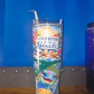 Life is Better at the Beach Tumbler with Starfish and Turtle Design 40onz