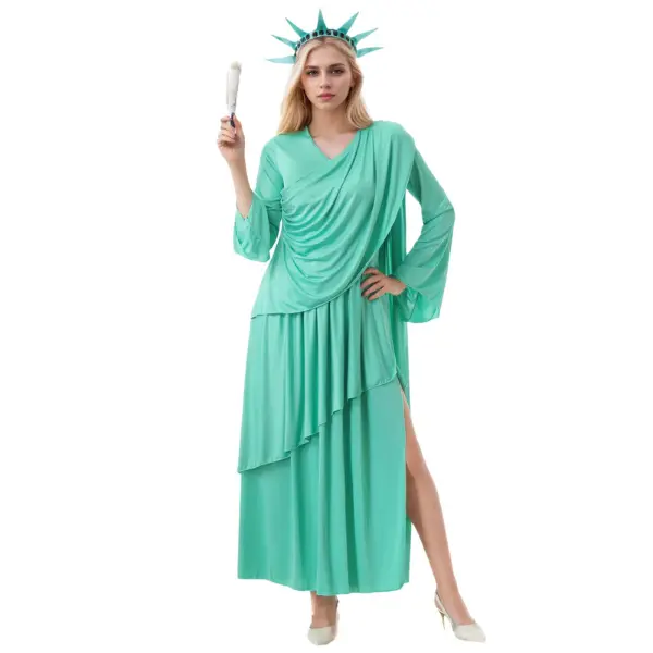 Adult Lady Liberty Costume Women Statue of Liberty Costume Patriotic Collection Halloween Party Cosplay Dress (No Torth Style) Womenswear Breathable