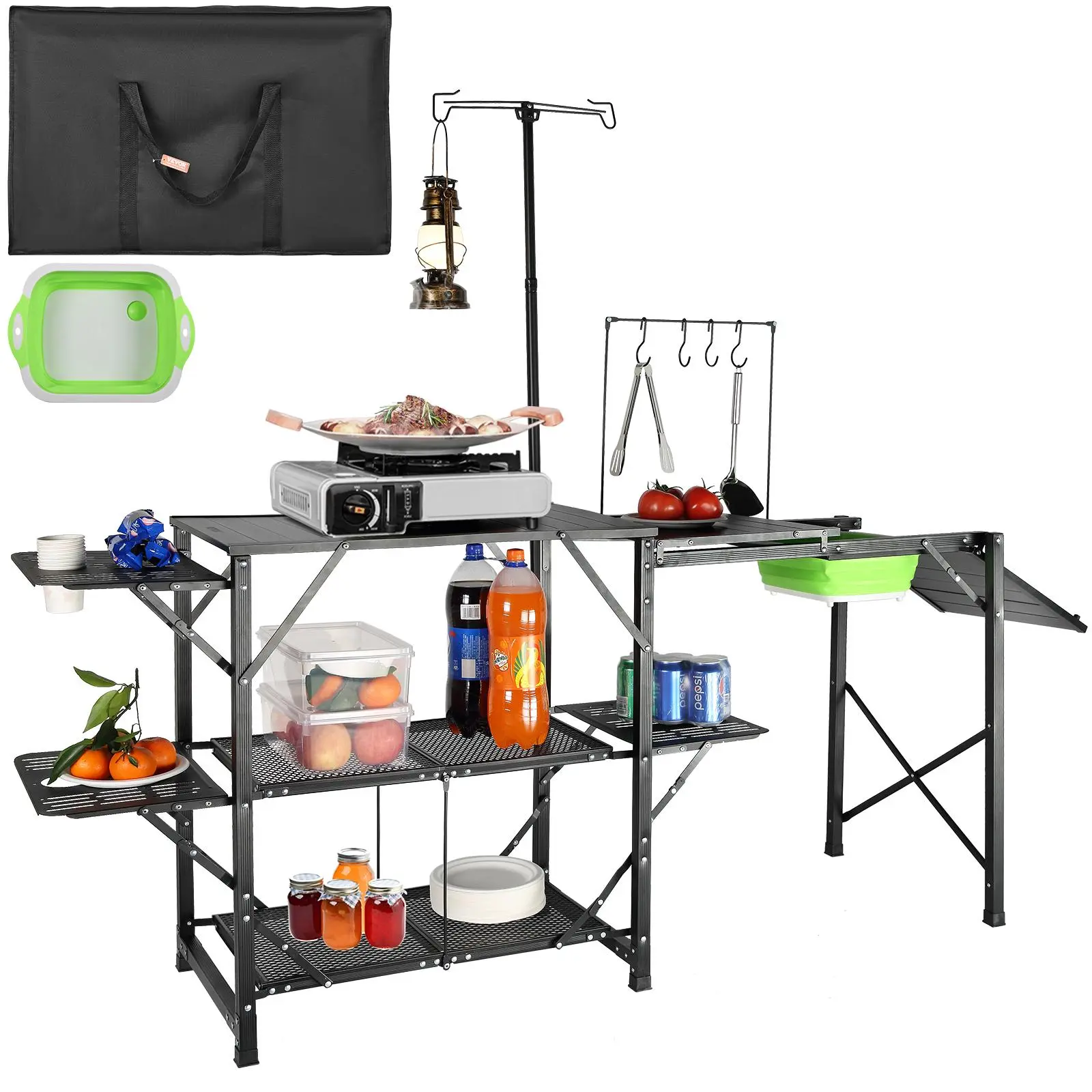 【SummerFinds】VEVOR Camping Kitchen Table, One-piece Folding Portable Cook Station with A Carrying Bag, Long Aluminum Camping Table 3 Side Tables, 2 Shelves & A Detachable Sink for Outdoor Picnics, BBQs, Camping