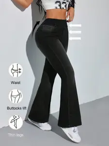 Classic Fashion Women's High-Waisted Stretch Denim Flare Pants, Comfortable Daily Wear, Slim Fit, Elastic Waist, Long Jeans