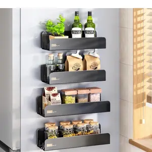 Magnetic Spice Rack for Refrigerator, Magnetic Shelf Fridge Spice Rack Organizer 4 Pack with 16 Hooks, Moveable Strong Magnetic Seasoning Organizer and Shelf for Kitchen Refrigerator Microwave