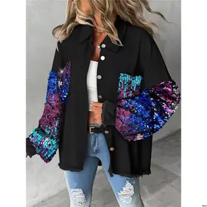 Button Hem - Fall ChicMe Spring Turn Down Collar Contrast Sequin Raw Front Shacket