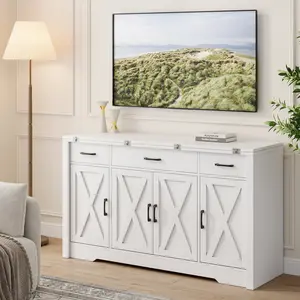 FUSOU 55" Sideboard Buffet Cabinet with Expandable Tabletop, 2-in-1 Design Farmhouse Sideboard Cabinet with Storage & 3 Drawers, Wood Credenza with Adjustable Shelves for Kitchen, White