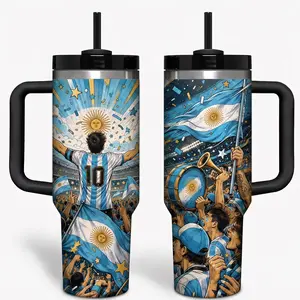 Argentina Light Blue and White Soccer Fan 40oz Tumbler, Football Stadium Champion Travel Cup with Black Handle, Sports Enthusiast Drinkware