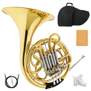 Professional Double French Horn F/Bb 4-Key Brass Instrument for Students Orchestra Band Practice with Case Gloves Cleaning Kit - Gold Lacquered Finish