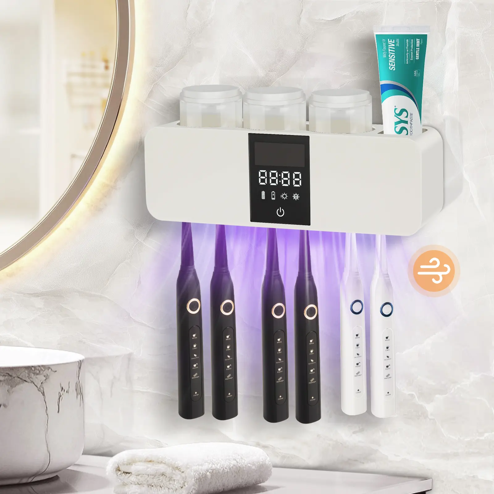 Wall Mounted Electric Toothbrush Holders with 3 Cups, UV Sanitizer, Toothpaste Dispenser, Smart Home Bathroom Accessories & Decor Home Goods Light