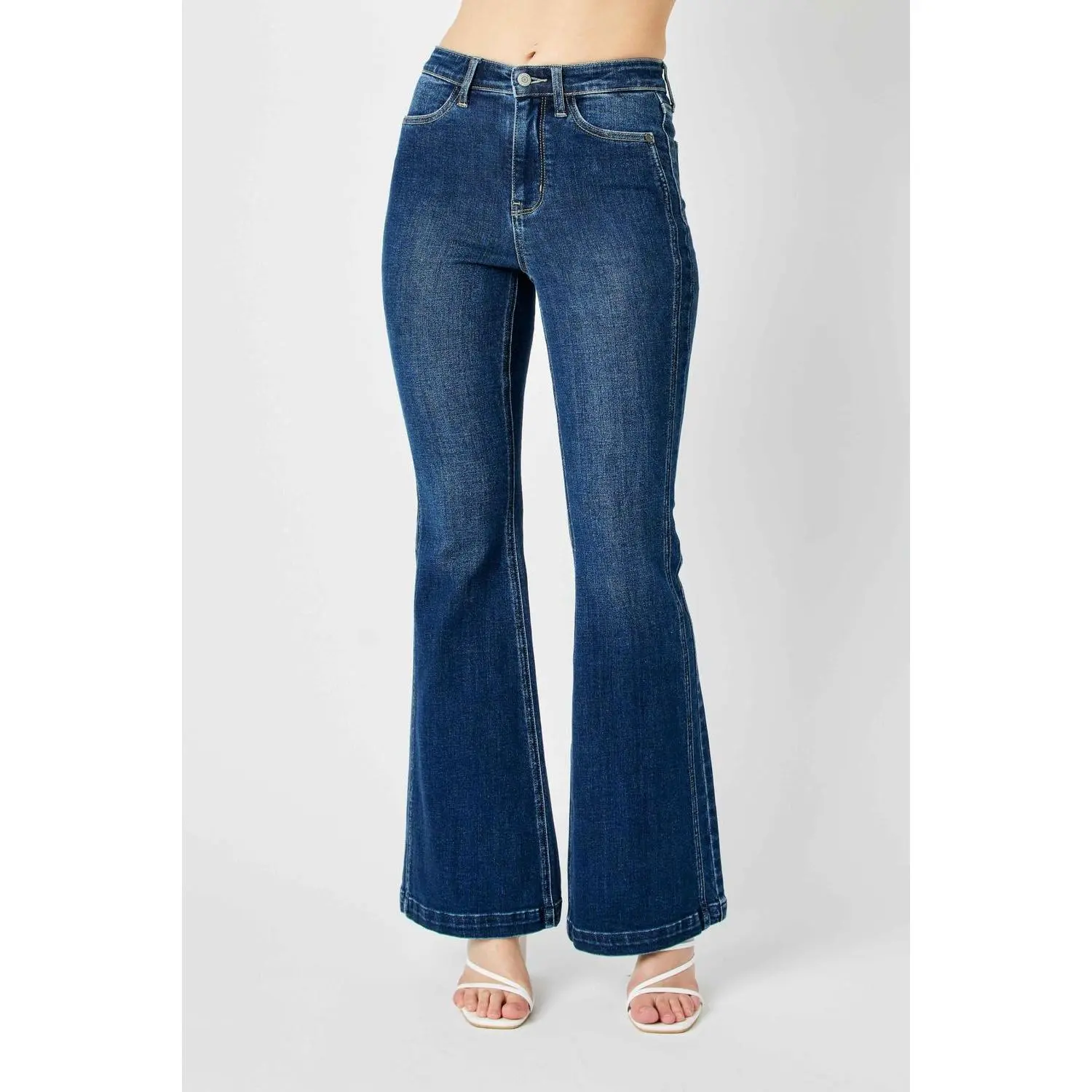 Judy Blue Women's Non-Distressed High Waist Fitted Flare Jeans, Cotton Spandex Soft Comfortable Denim with Angled Seam for Feminine, Leg-Lengthening Hip Bottom Fit, Retro, Style, Multi-Size, Stretch Cotton, 14W, 16W, 18W, 20W, 22W, All Seasons, Angled Sid