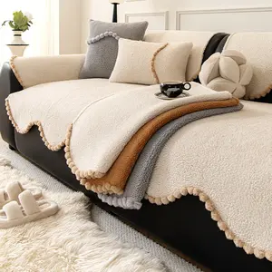 Solid-Color Short Plush Sofa Cover, Washable Sofa Slipcover, Pom-Pom Trim Design, Minimalist Campus Style, Skin-Friendly, Non-Slip, Scratch-Resistant, Pet-Friendly, Fits 1-4Seater, Washable, All-Season