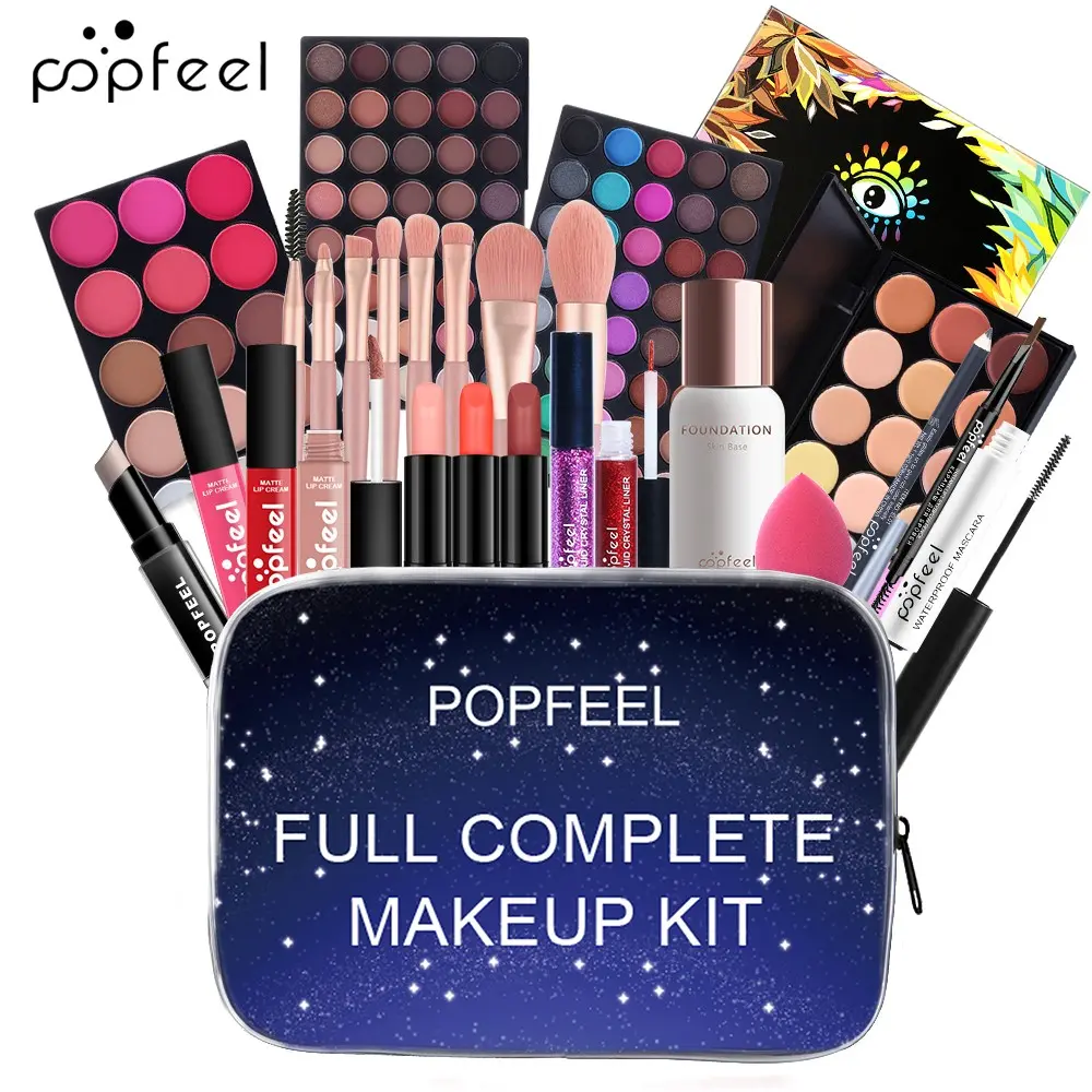 Popfeel Portable Makeup Set, Travel Cosmetic Kit, Cosmetics Kit with Multi-Color Eyeshadow Palette, Lipstick, Foundation, Brush Tools, Zipper Pouch Included, Makeup Gift Set, Base Makeup Set, Complete Makeup Set, Beauty Sets