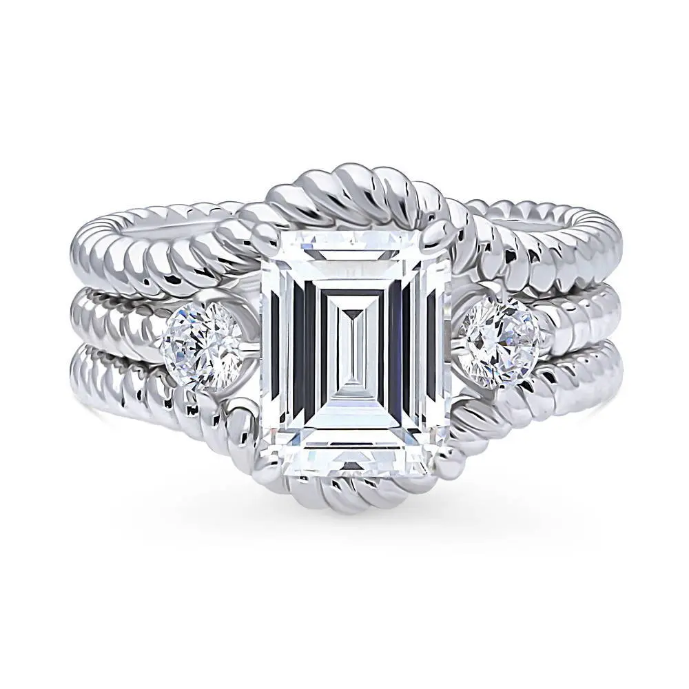 BERRICLE Sterling Silver 3-Stone Woven Wishbone Chevron Engagement Rings Statement Stackable Band for Women, 2.6 Carat Emerald Cut Cubic Zirconia CZ Ring Set