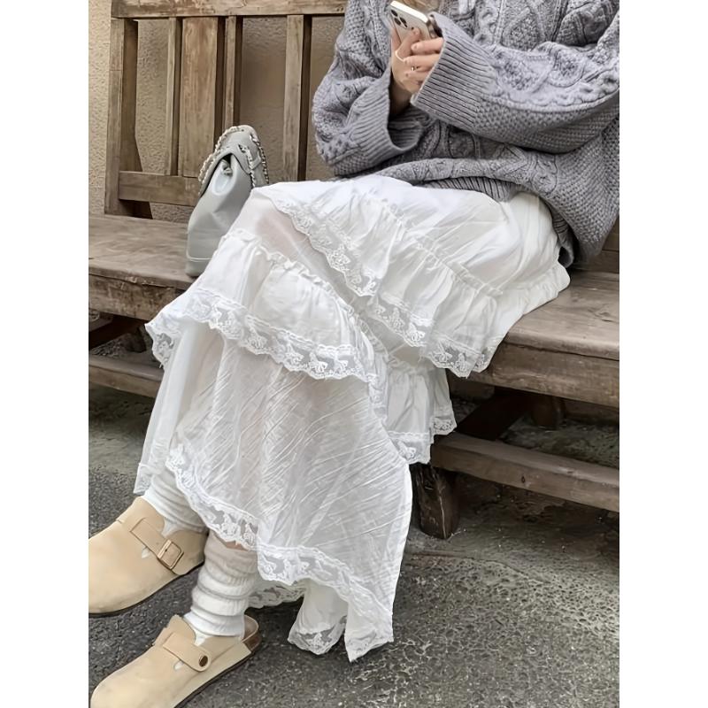 Elegant High-Waisted A-Line Long Skirt for Women, Spring Collection, Korean Style, White Cake Design, Lace Ruffle Detail, 100% Polyester, Solid Color, All Seasons, 125g/m² Lining, 140g/m² Fabric Weight