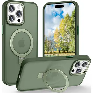 Magnetic for iPhone 15 Pro Case with Ring Stand, [10 FT Drop Protection] [Velvety Touch] Slim Translucent Matte Back Shockproof Phone Case for iPhone 15 Pro 6.1'', Midnight Green