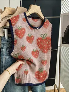 1 piece + Spring and summer back-to-school casual style loose round-neck sleeveless woolen dark blue border contrasting strawberry print women's knitted top for women's outings, paired with a vest, worn alone