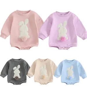 Newborn Infant Baby Boy Girl Easter Clothes Bunny Tail Onesie Sweatshirt Oversized Long Sleeve Bubble Romper   Pom Pom Bodysuit Outfits