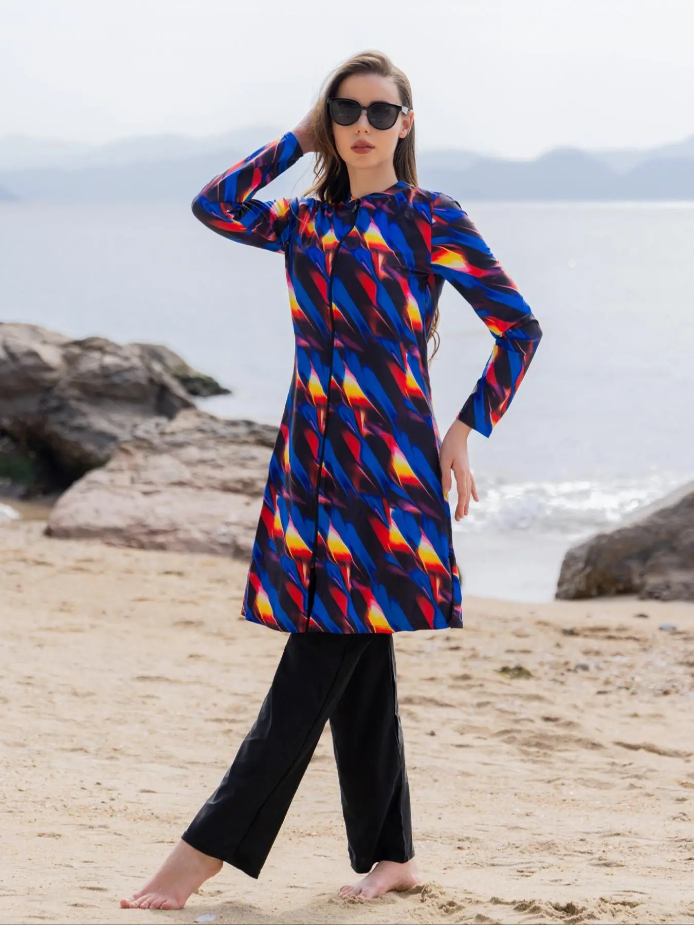 Women's All Over Print Long Sleeve Outerwear & Pants Swimsuit Set, Casual Zip Up Swim Top & Pants, Ladies Swimwear for Beach Holiday Vacation