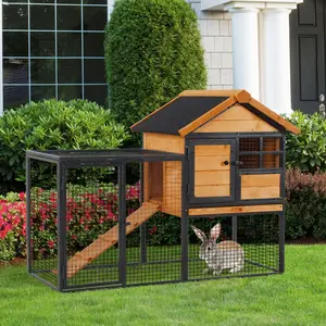 Outdoor Rabbit Cage Elevated Pet House w/ Slide-Out Tray Natural Wood & Black Spacious Activity Center for Rabbits Guinea Pigs Chinchillas Sturdy Weather Resistant Easy to Clean Comfortable Habitat