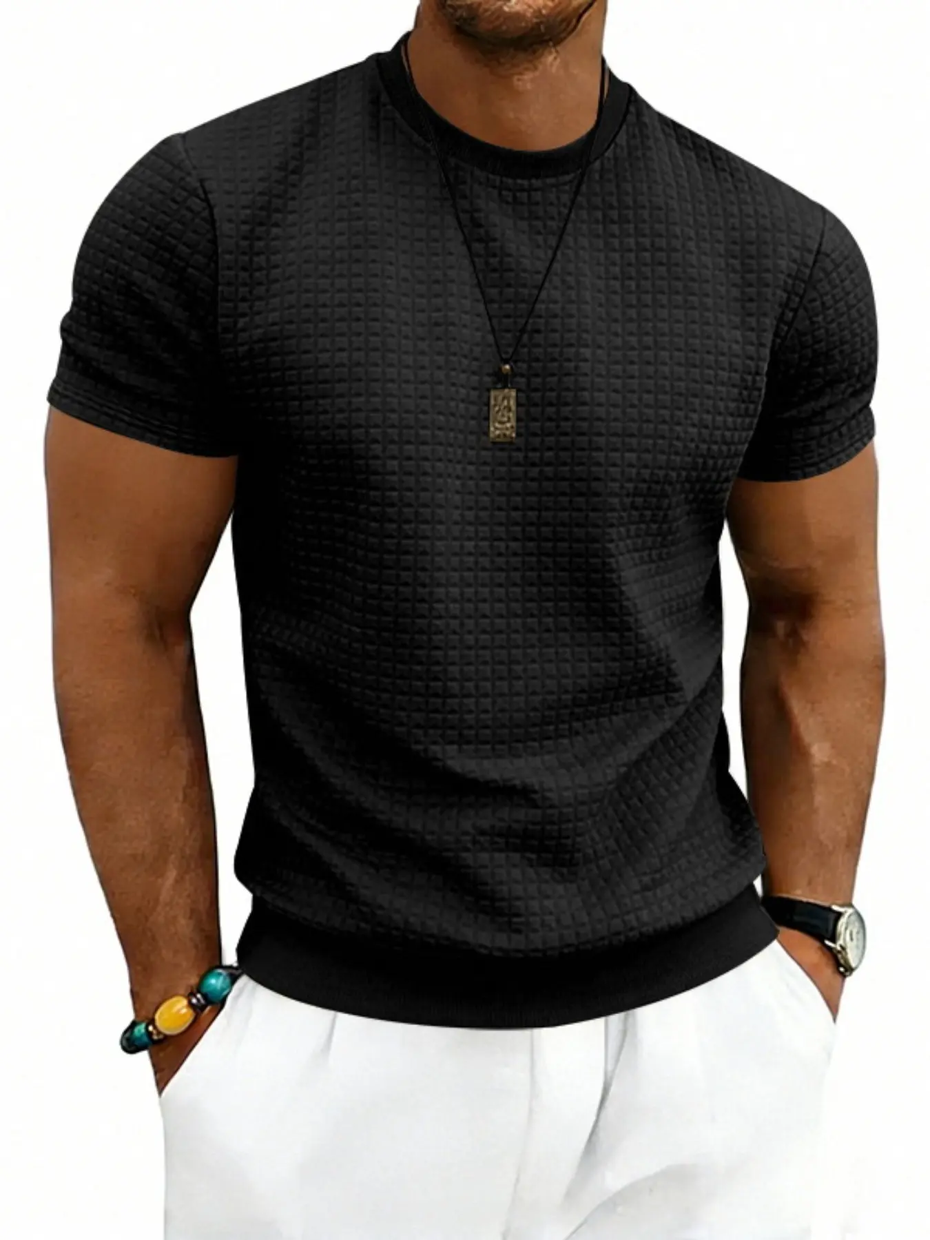 Men's Summer High-Quality Short Sleeve Casual Round Neck Sweatshirt, Casual Fashion Wear, Polyester Fiber, Elastic Stain Resistant, Easy Care, Suitable for Outdoor