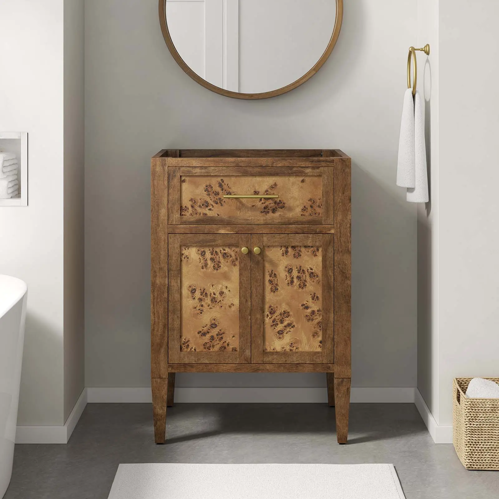 Modway Elysian 24" Brown Wood Bathroom Vanity Cabinet, Single Unit Indoor Home Decor with Bathroom Cabinet Organizer (Sink Basin Not Included)