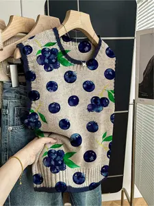 1 Piece Women's Loose Crew Neck Sleeveless Knit Top, Spring Summer Casual Style, Dark Blue Trim, Contrast Blueberry Print, Can Be Worn Alone or with Vest, For Daily Outdoor Wear, Crop Tops, Cropped Tank Top