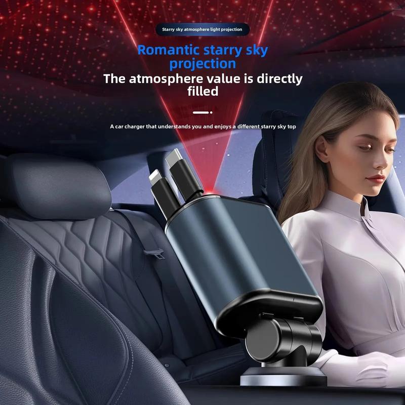 4-in-1 Starry Sky Retractable Car Charger 120W Top Projection Light Four-In-One Type-C+Lightning Dual Wires Usb+Pd Expansion Socket