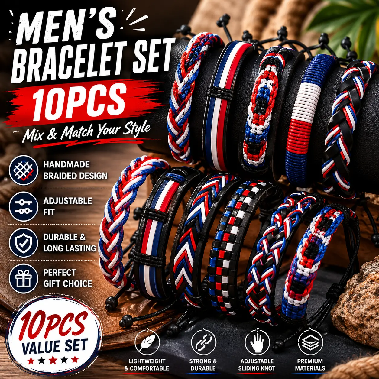 10PCS Men's Bracelet Set - Adjustable Braided Leather Wristbands for Casual and Fashion Wear