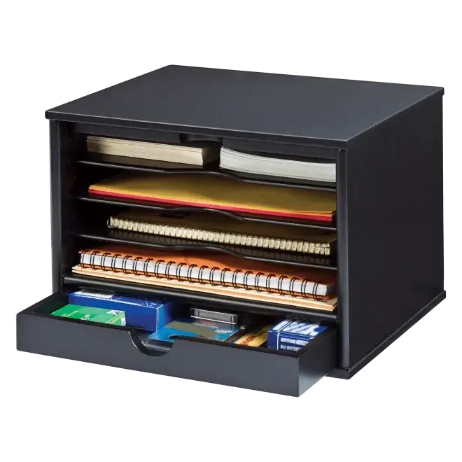 VICTOR® Solid Wood Desktop Organizer - 4 Open Shelving, Large Drawer & Sliding Door, Desk Setup Accessories for Book, Table, Data Paper Storage & Office Stationery, Book Organizer, Desk Tidy