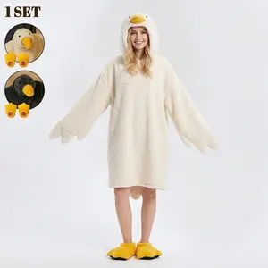 Oversized Goose Wearable Blanket Hoodie, Super Soft Cozy Flannel Fleece Onesie Pajamas, Warm Plush Loungewear with Free Slippers