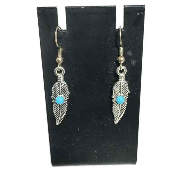 Turquoise Feather Earrings - Elegant Design with Turquoise Accents and Metallic Finish