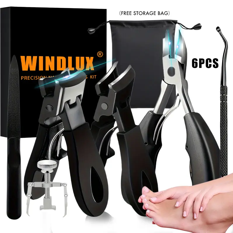 6pcs Toenail Clippers for Seniors Thick Toenails, Heavy Duty Large Toe Nail Clippers for Men Thick Nails with Wide Opening, Sharp Ingrown Toenail Clippers Nail Cutter Long Handle with Slanted Curved Blade