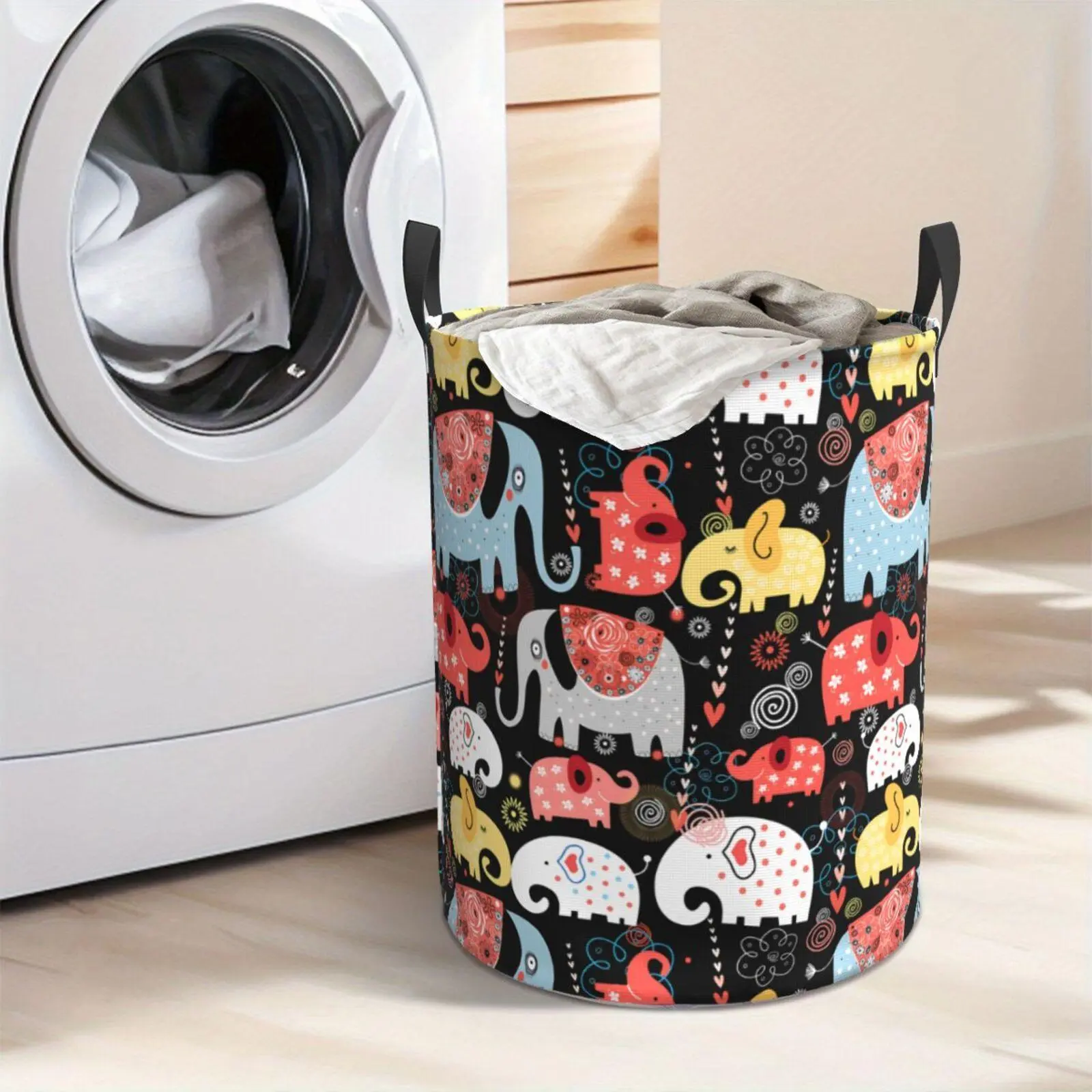 Cute Cartoon Elephants Laundry Hamper  Portable Storage Hamper with Sturdy Handle， Oxford Cloth， Easy to Store and Collapsible Design， Laundry Baskets
