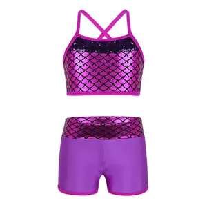 Kids Girls 2pcs Tankini Outfit Sequins Mermaid Crop Top and Shorts Set