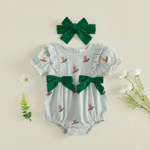 Afunbaby Newborn Baby Girl Romper Outfits Short Sleeve Crew Neck Stripes Mallard Duck Print Bodysuit with Headband Summer Clothes