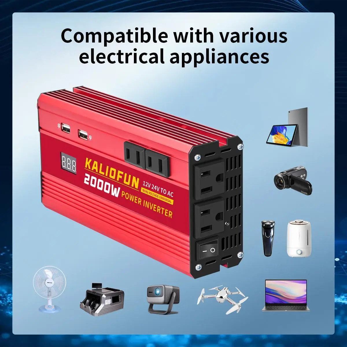 KALIOFUN 2000W (2000W) Dual Voltage 12V-24V to AC 110V Power Inverter, Universal for Camping, with Overload Protection & Multiple USB Ports, 2000 Watt