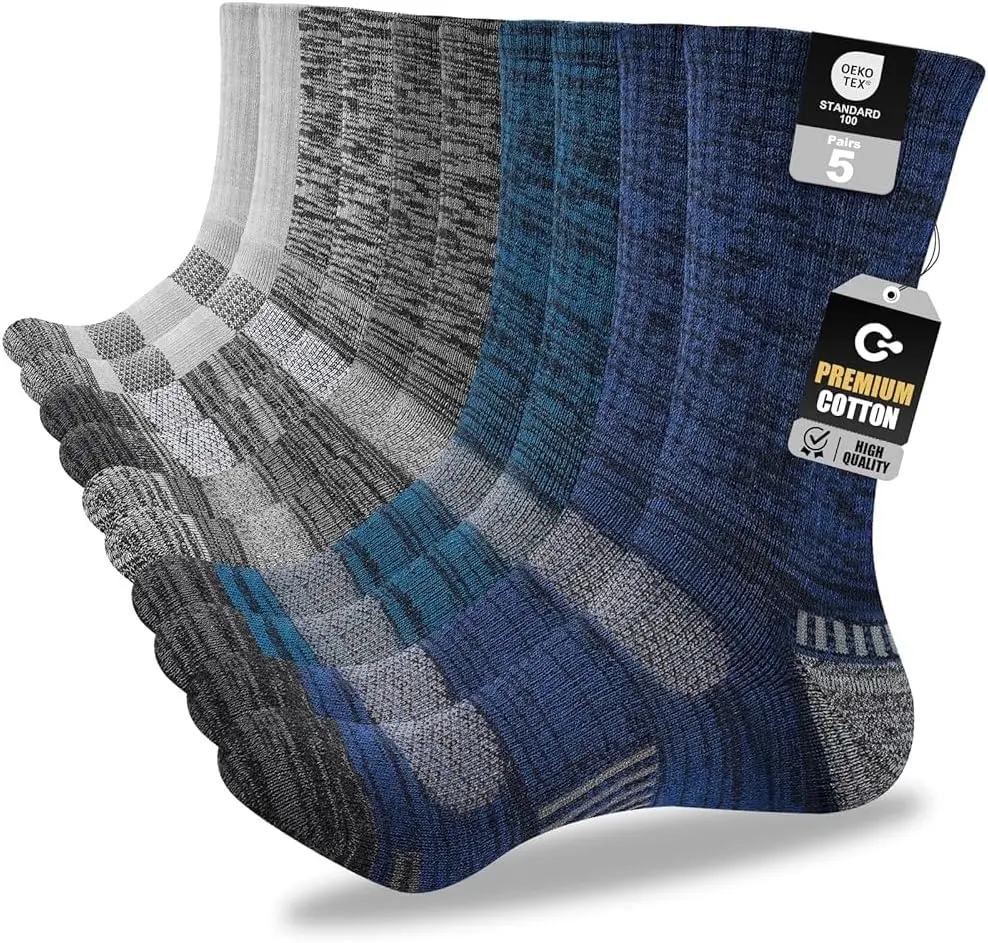 Men's Cotton Classic Crew Length Boot Socks - 5 Pairs, Full Cushion, Moisture-Wicking, Durable, Reinforced for Adult Work, Hiking, Outdoor Activities, Machine Washable, Male, Adults, Walking, All Seasons, 5 Pairs-Black