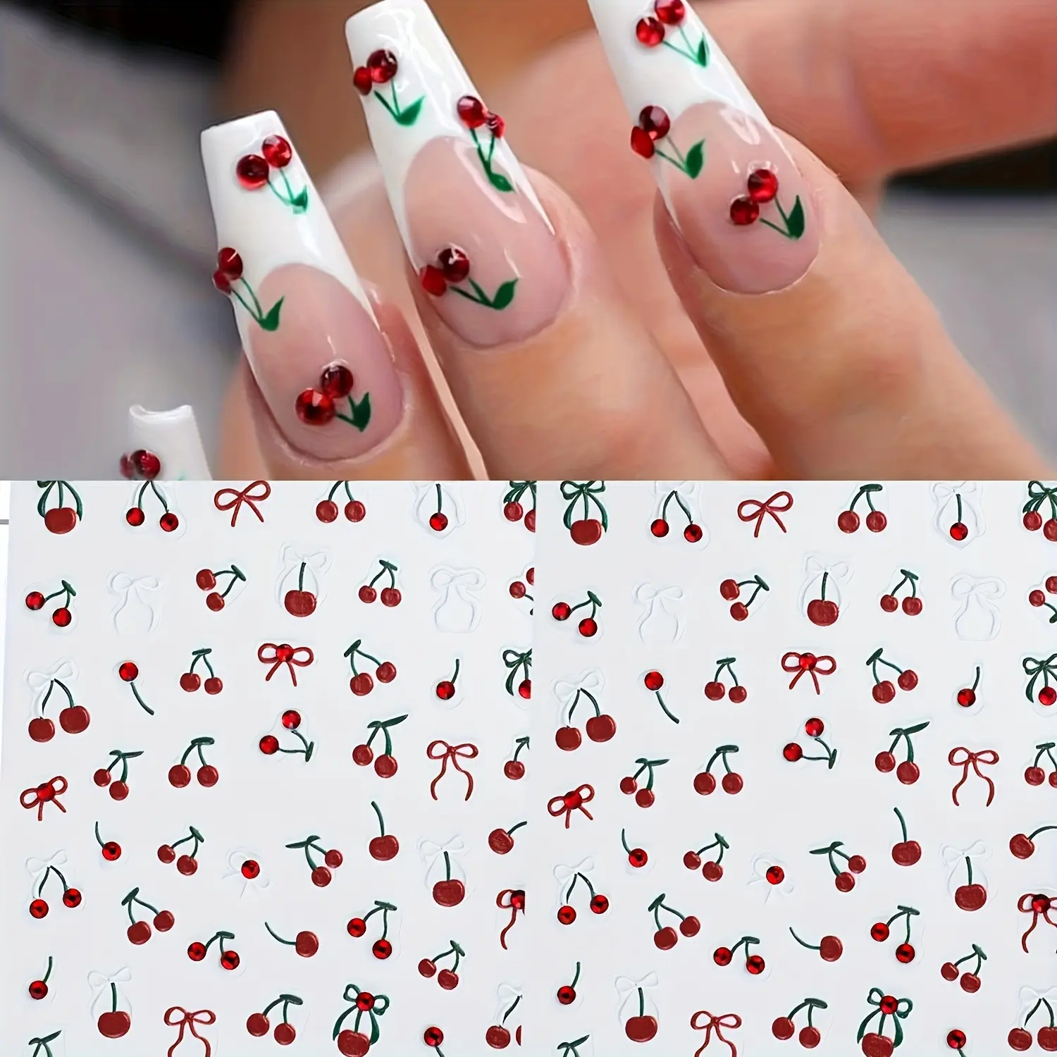 1PC Cherry Blossom Nail Art Stickers Decals -  5D Nail Cherry Designs with Embossed Crystals, Self-Adhesive Plastic Nail Embellishments, Glossy Floral French Tip DIY Decor, Nail Art Decoration, Nail Stickers Pack, Diy Nails Art