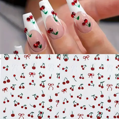 1PC Cherry Blossom Nail Art Stickers Decals -  5D Nail Cherry Designs with Embossed Crystals, Self-Adhesive Plastic Nail Embellishments, Glossy Floral French Tip DIY Decor, Nail Art Decoration, Nail Stickers Pack, Diy Nails Art